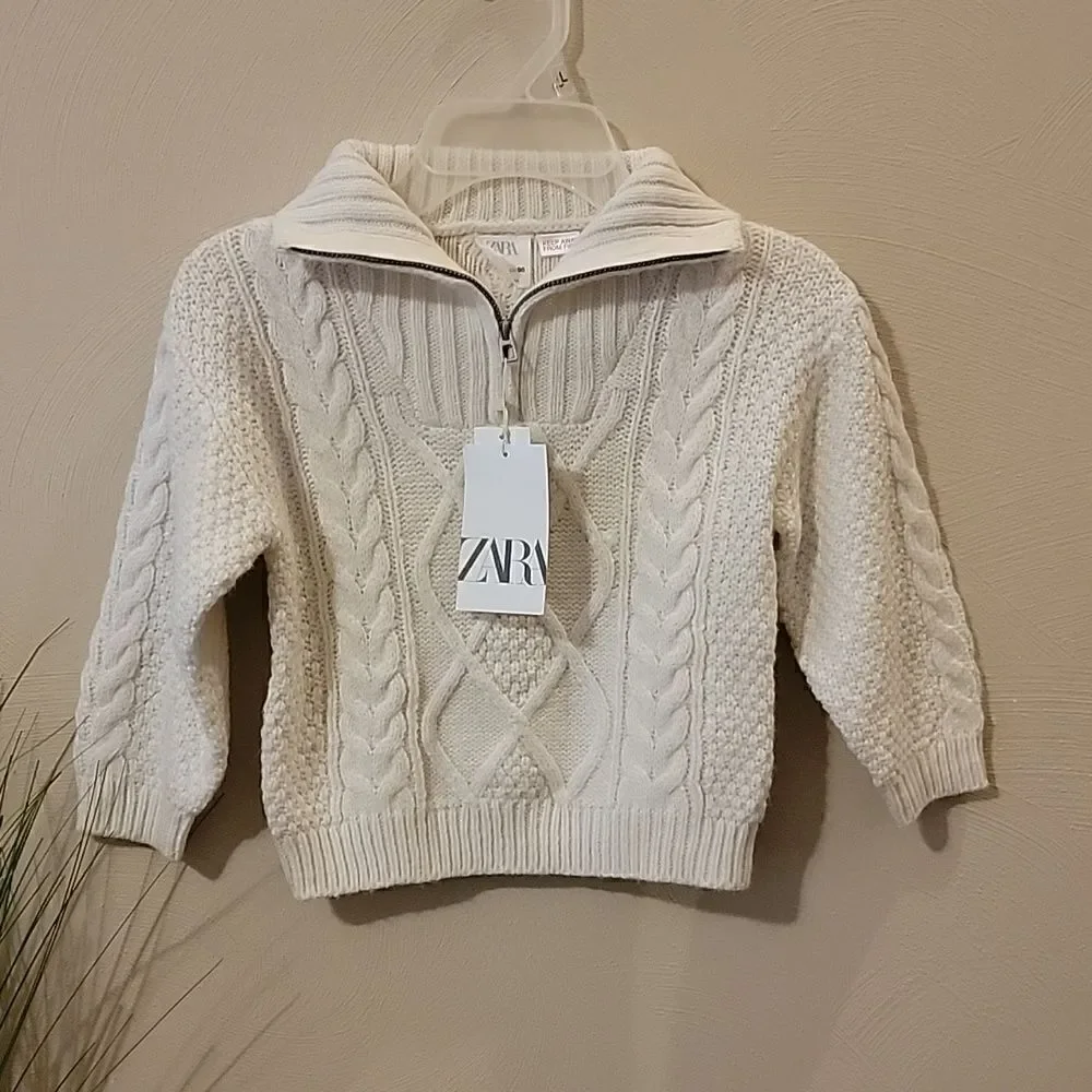 ZARA CABLE KNIT 3/4 ZIP IVORY SWEATER, UNISEX SIZE 2-3 - NEW!